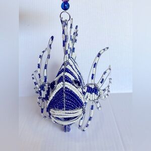 NWT 10 1/4” long lion fish figurine glass beads blue white